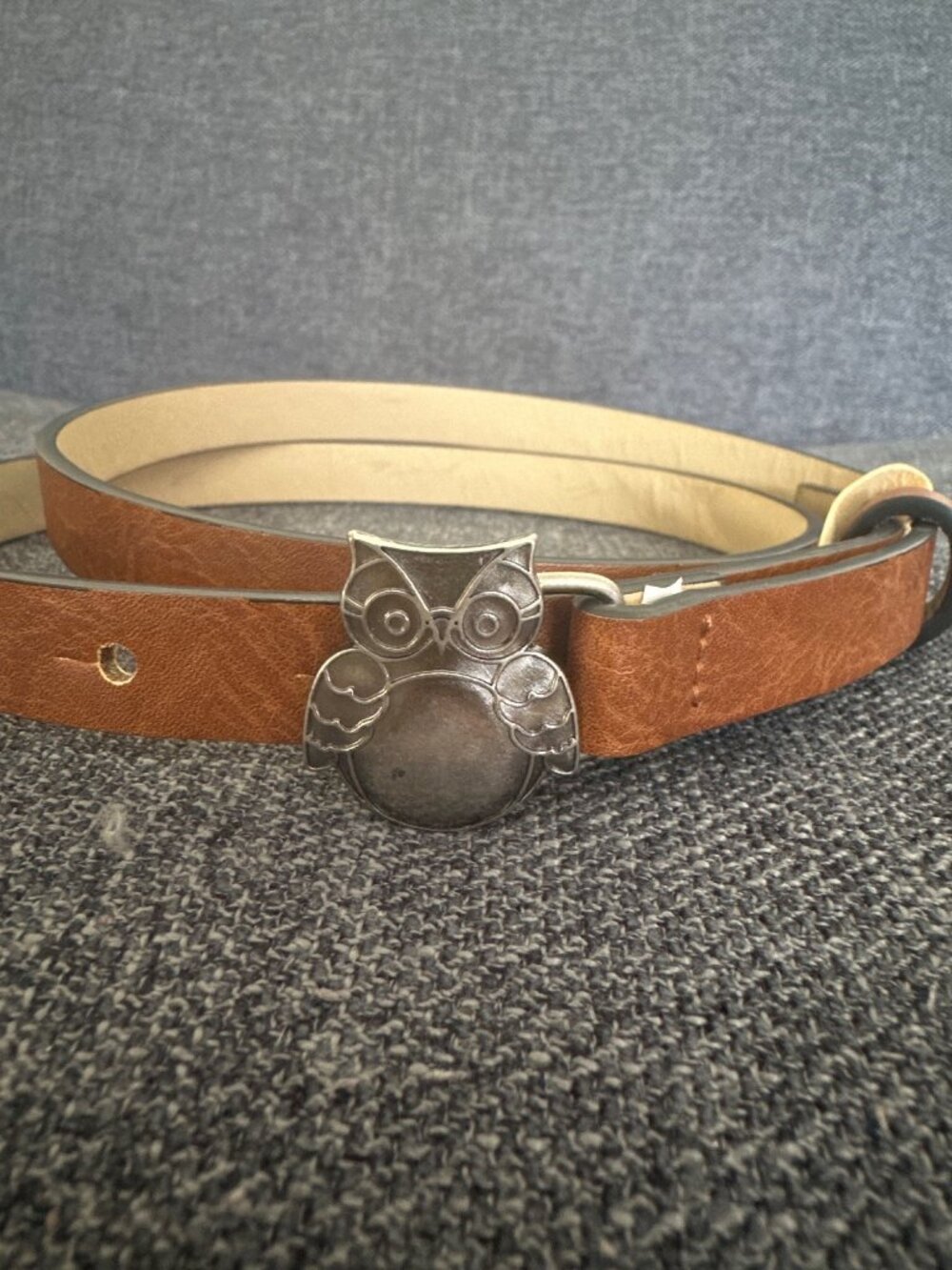 Brown Leather Belt With Owl Buckle 42" Long Adjustable Bird Nature Whimsical